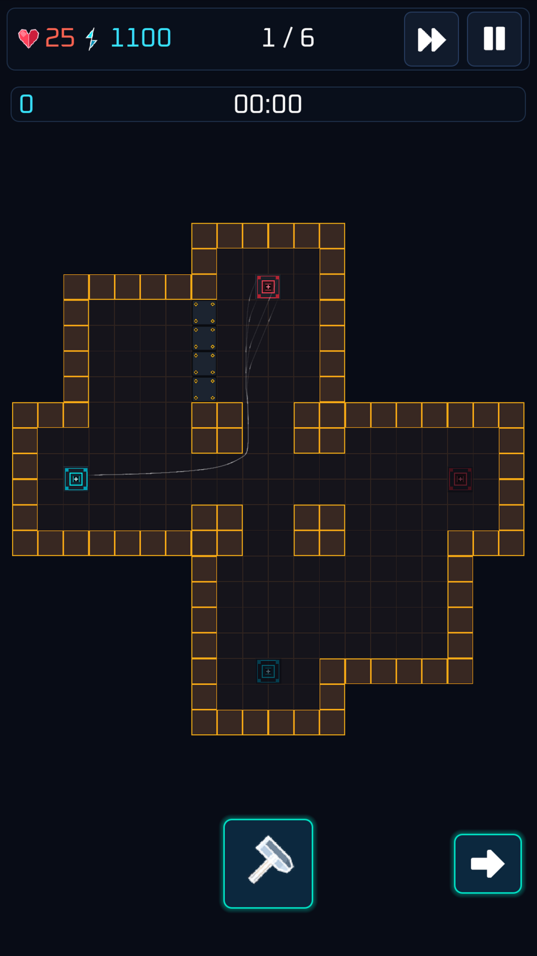 An open Poly Guard stage with a branching path and spawn points before the wave starts.