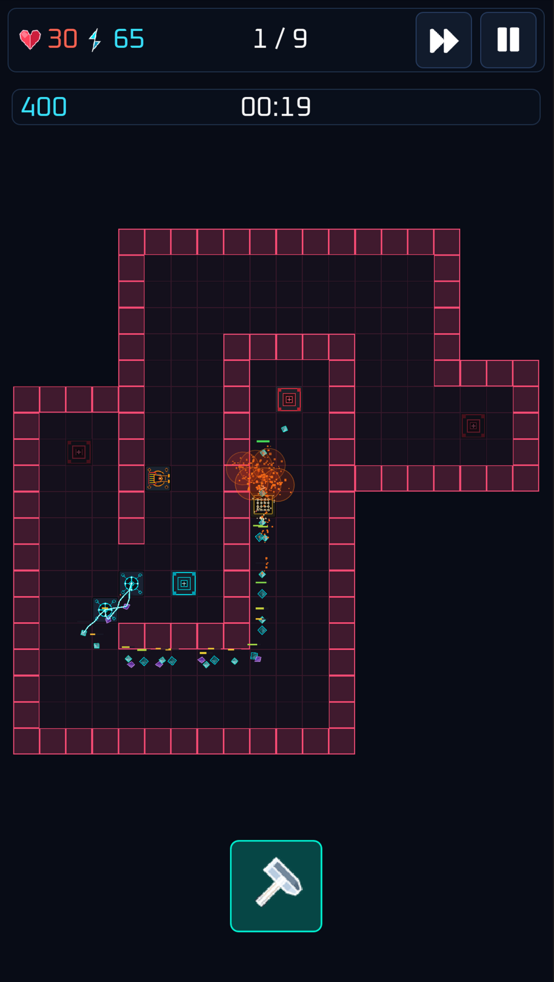 A Poly Guard stage during a wave, with geometric enemies in a maze while towers fire.