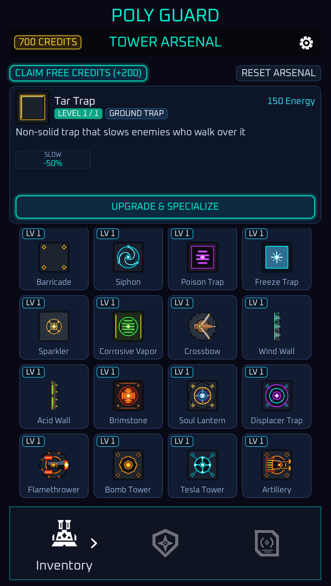 The tower arsenal, with a tar trap selected and a grid of unlocked towers.