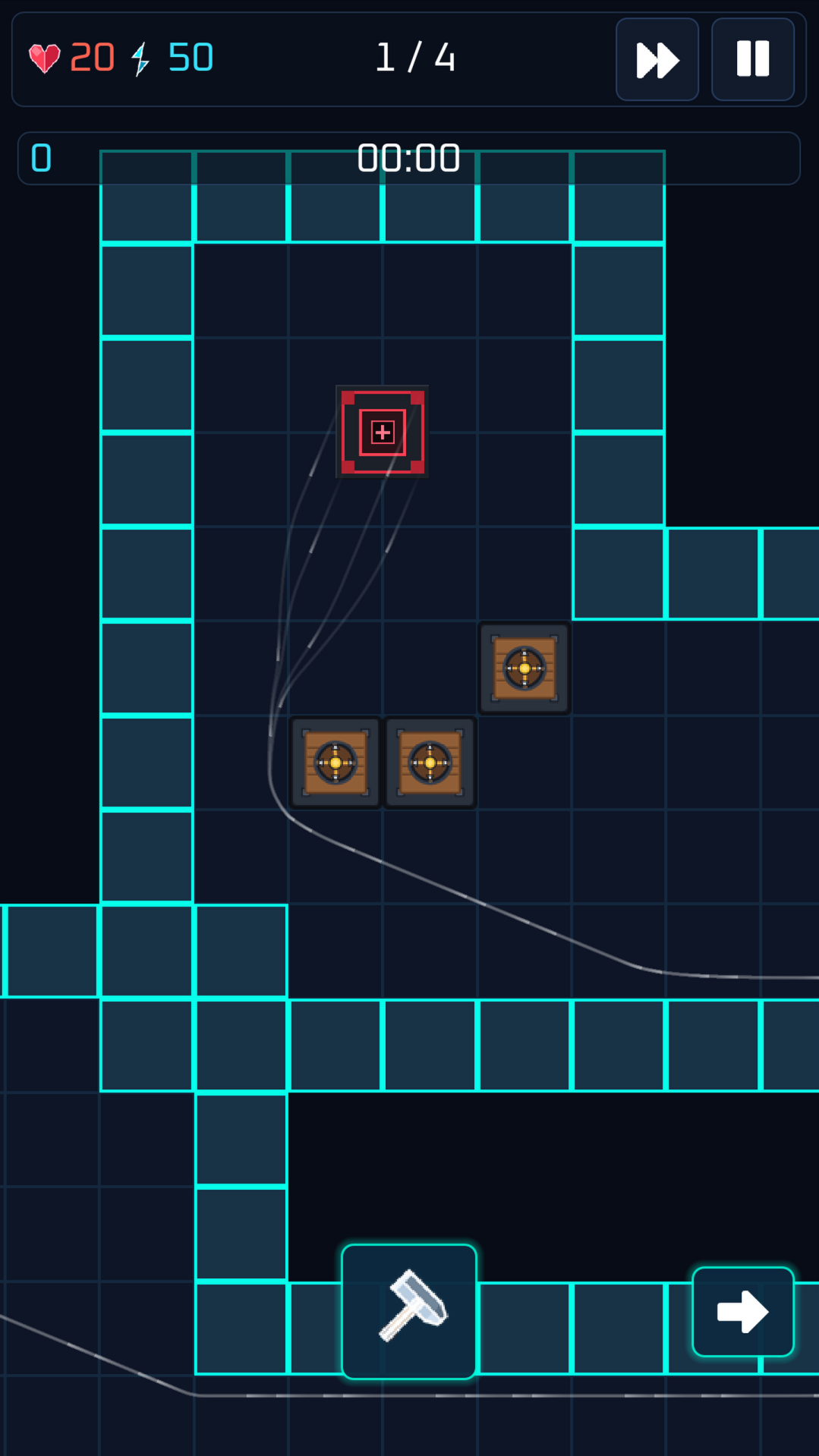 Towers placed beside a lane, bending the enemy path around them.