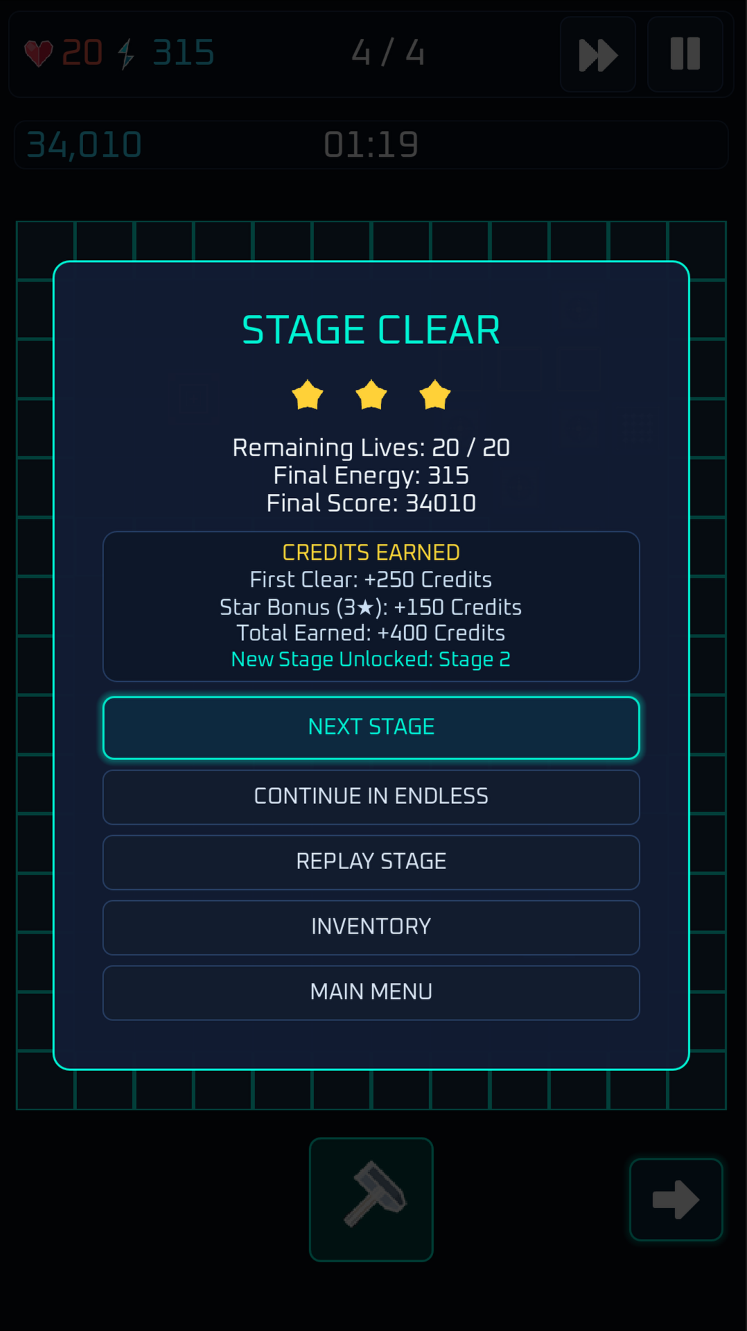 The stage clear screen with three stars, credits earned, and the next stage unlocked.