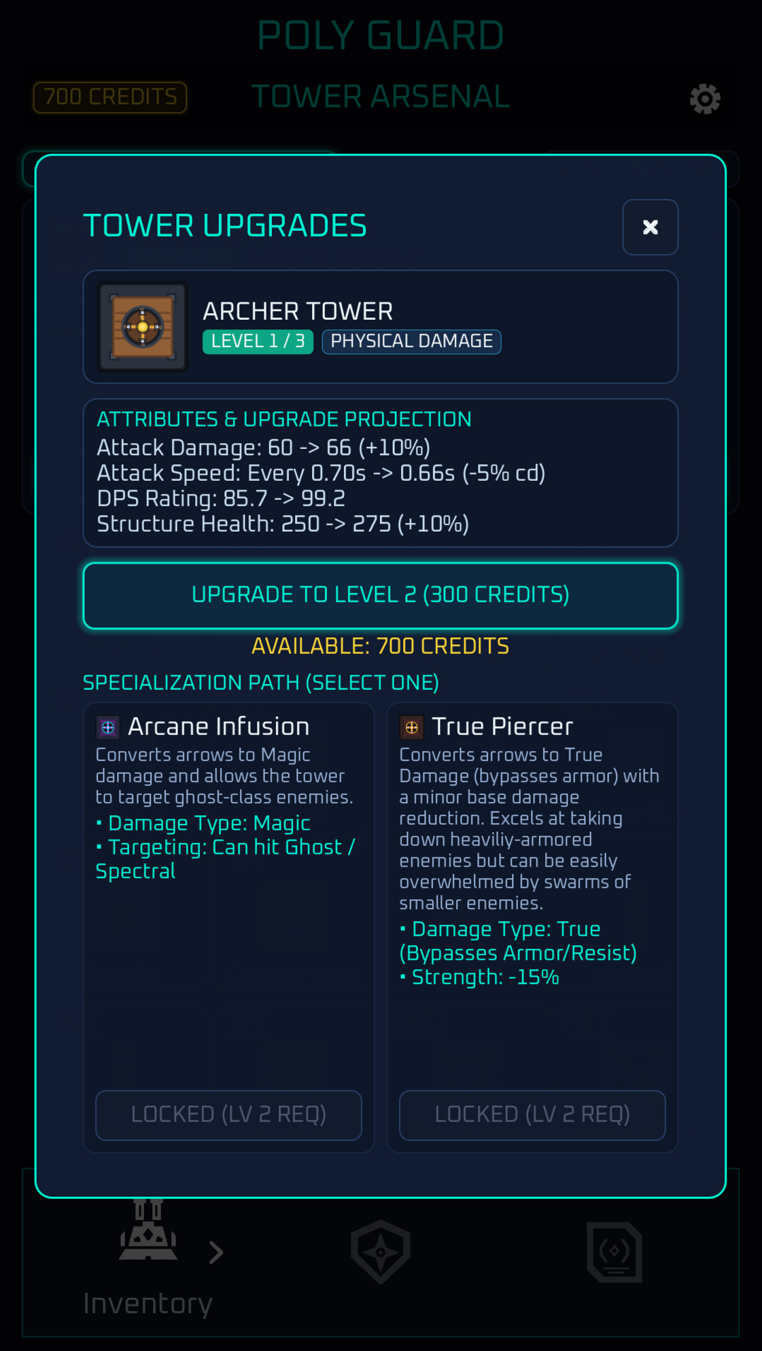 The archer tower upgrade screen, with level-two stats and two specialization choices.
